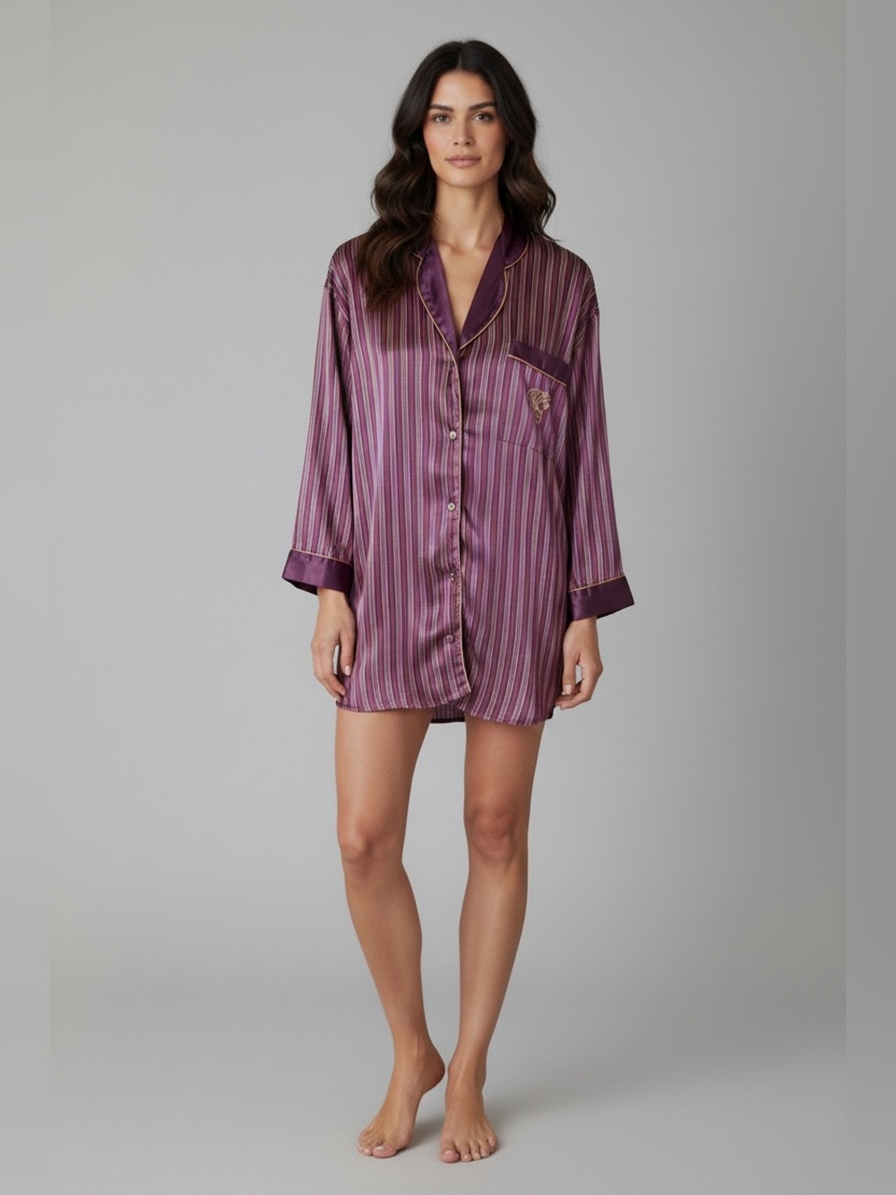 Victoria’s Secret Gold Label Burgundy/Gold Striped Satin Night Shirt Small